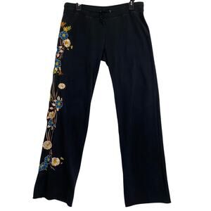 Lucky Brand Women's VTG Y2K Black Floral Embroidered Boho Sweatpants Medium
